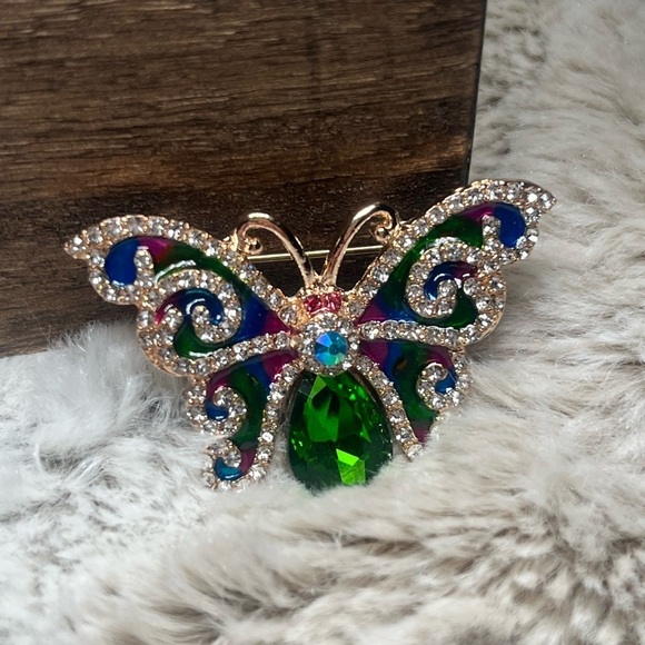 Ornate Green and Blue Gemstone Butterfly Brooch - Picture 1 of 8